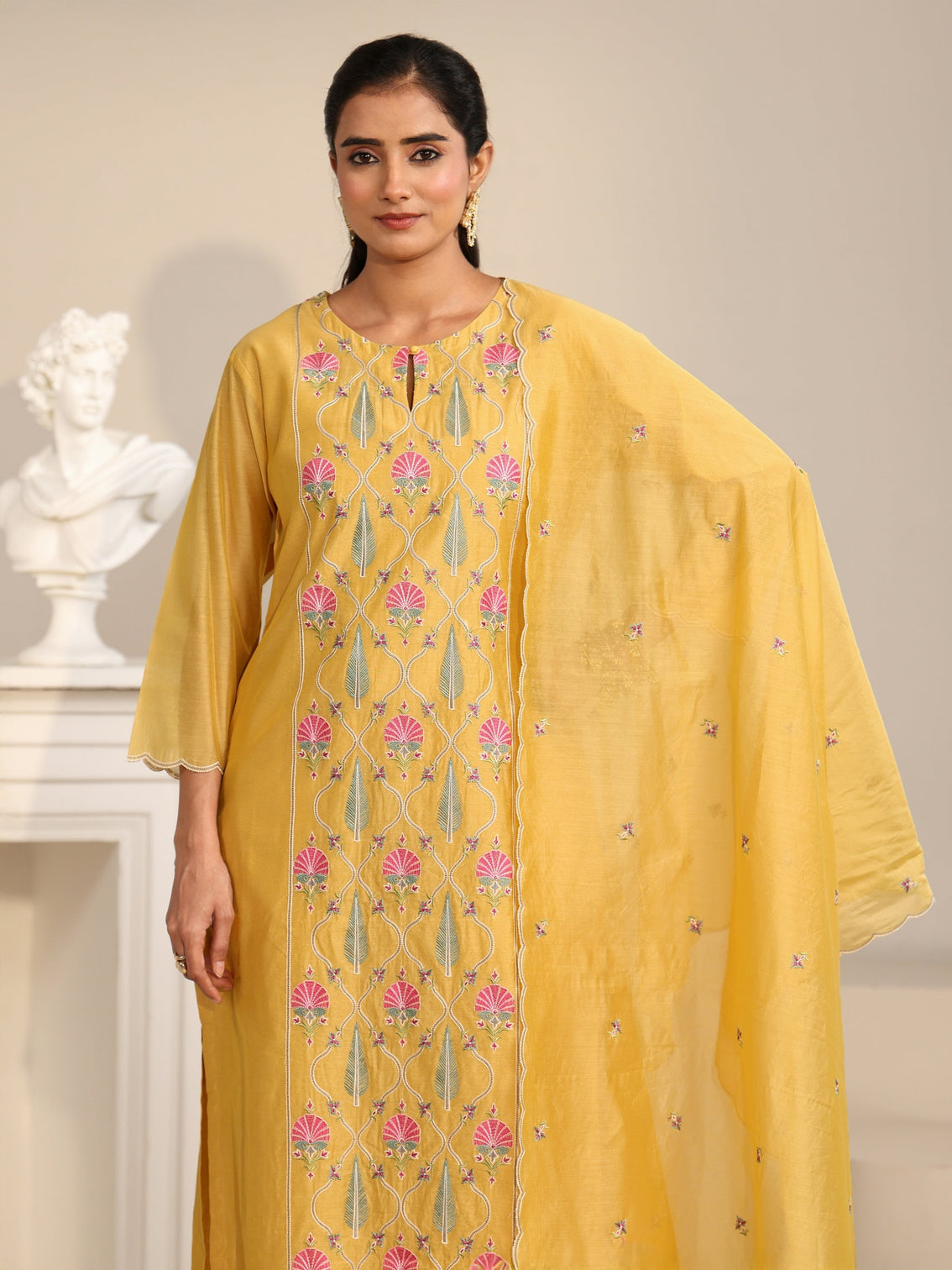 Mameraa Yellow Floral Embroidered Chanderi Silk Straight Suit Set
