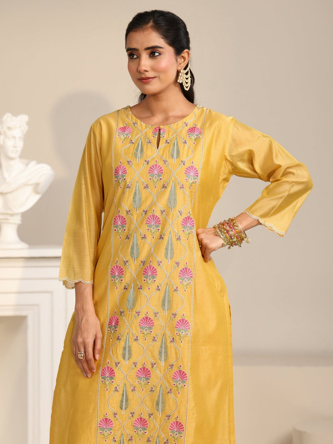 Mameraa Yellow Floral Embroidered Chanderi Silk Straight Suit Set