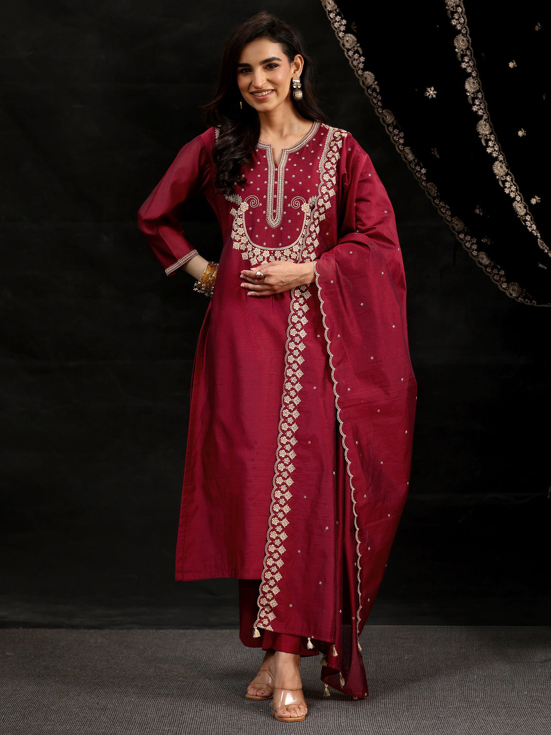 Mameraa Maroon Red Yoke Embroidered Chanderi Silk Straight Suit Set