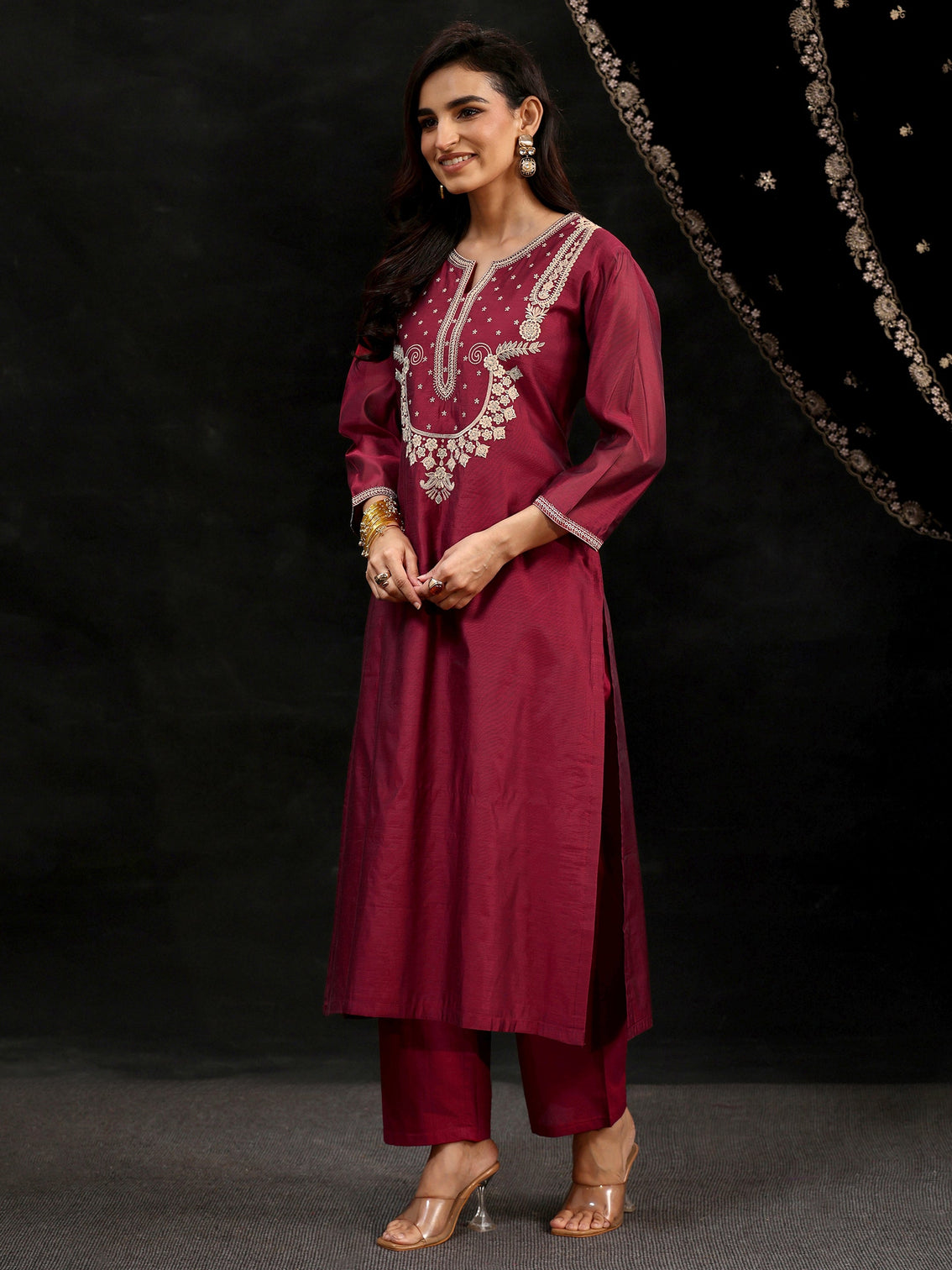 Mameraa Maroon Red Yoke Embroidered Chanderi Silk Straight Suit Set
