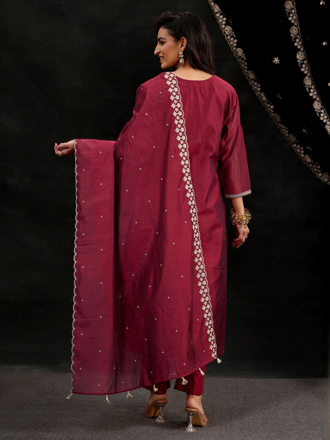 Mameraa Maroon Red Yoke Embroidered Chanderi Silk Straight Suit Set