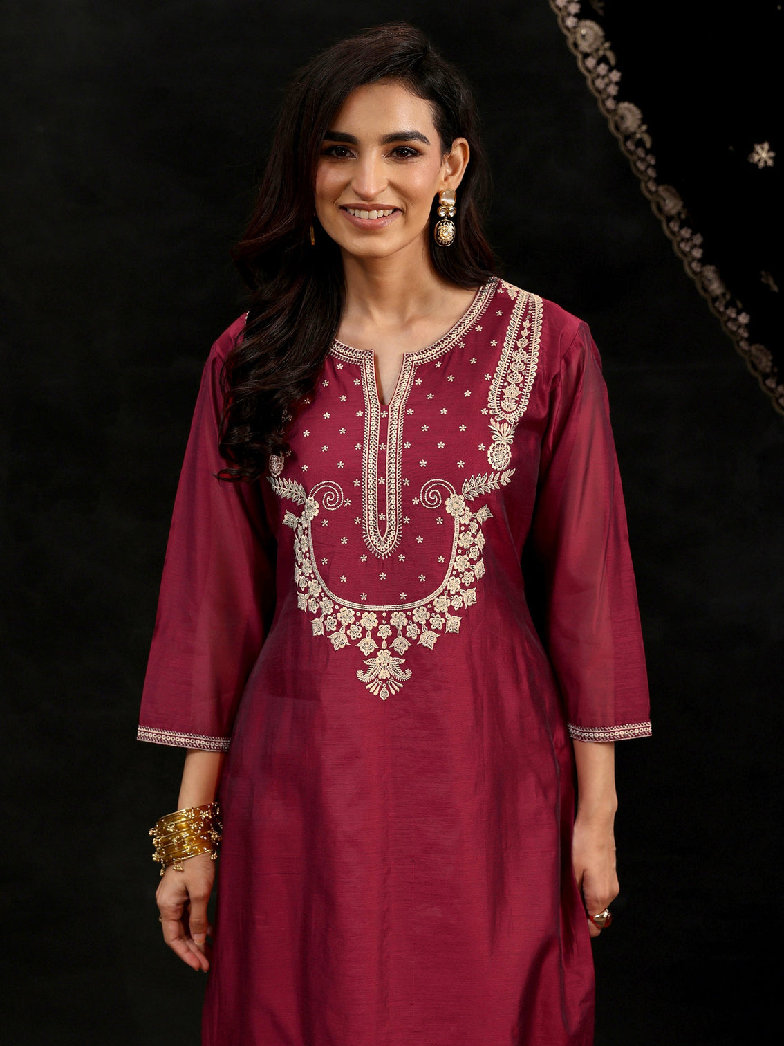 Mameraa Maroon Red Yoke Embroidered Chanderi Silk Straight Suit Set
