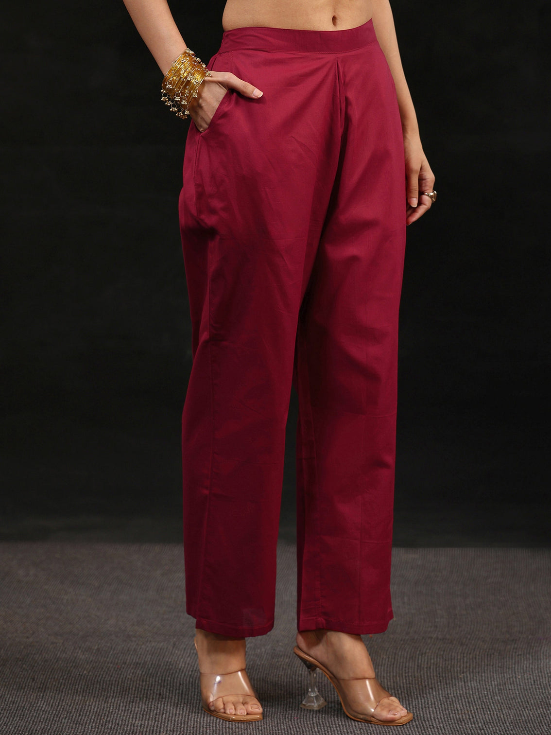 Mameraa Maroon Red Yoke Embroidered Chanderi Silk Straight Suit Set