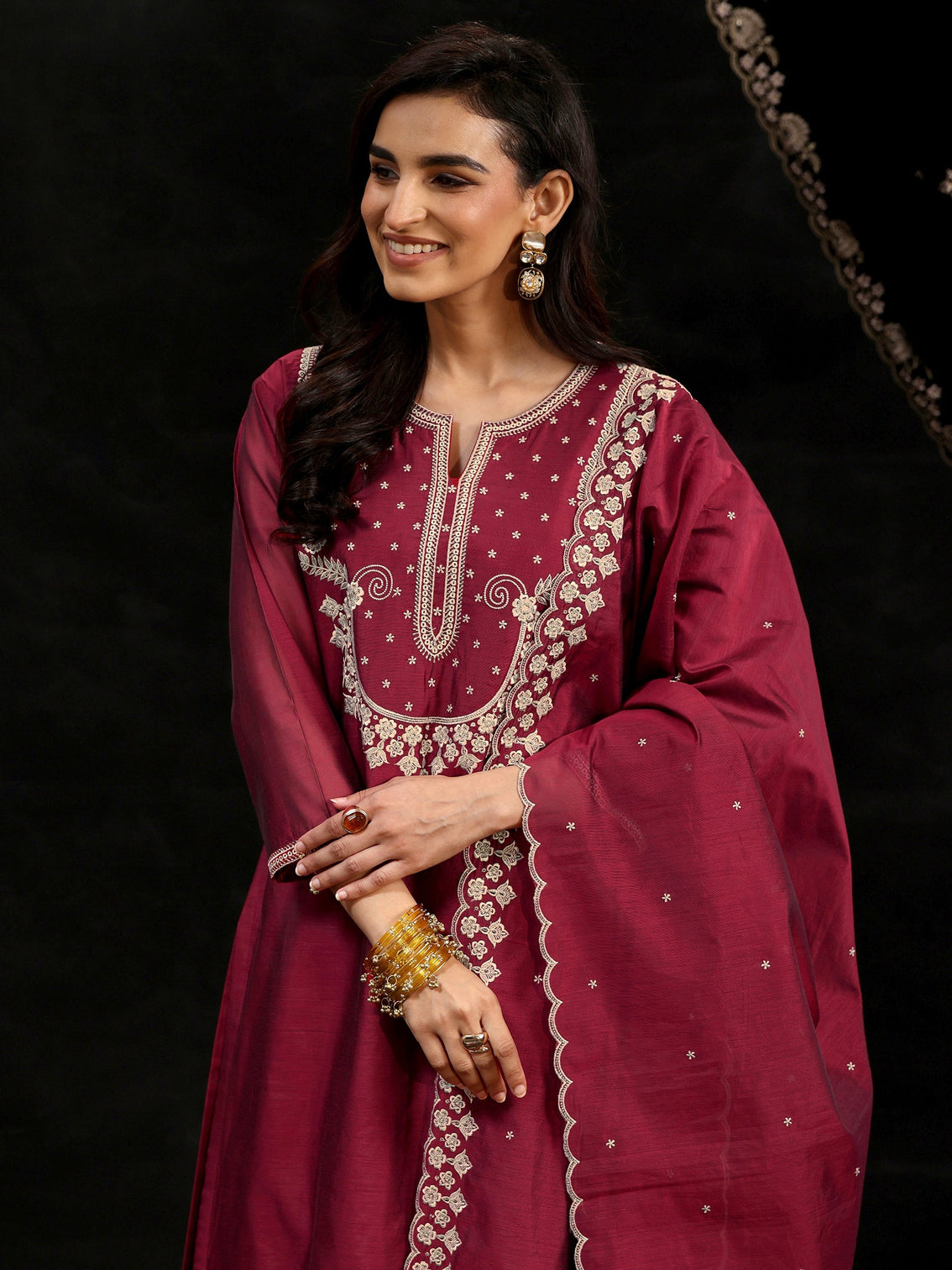 Mameraa Maroon Red Yoke Embroidered Chanderi Silk Straight Suit Set