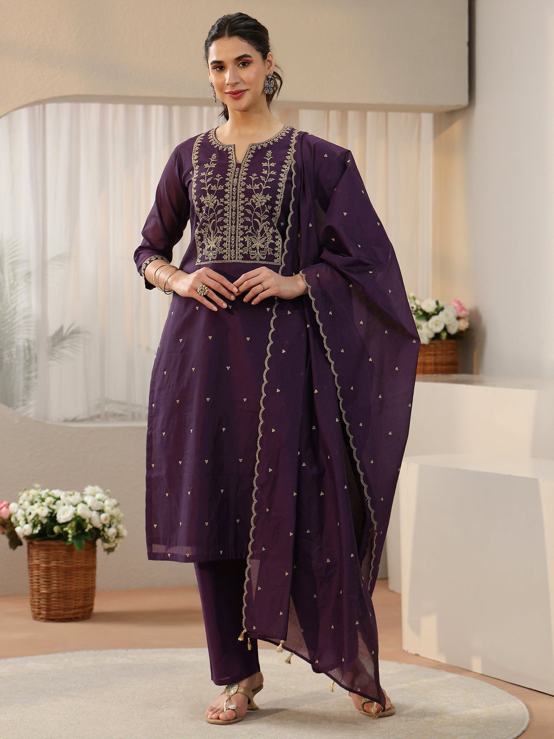 Mameraa Royal Purple Floral Embellished Chanderi Silk Straight Suit Set