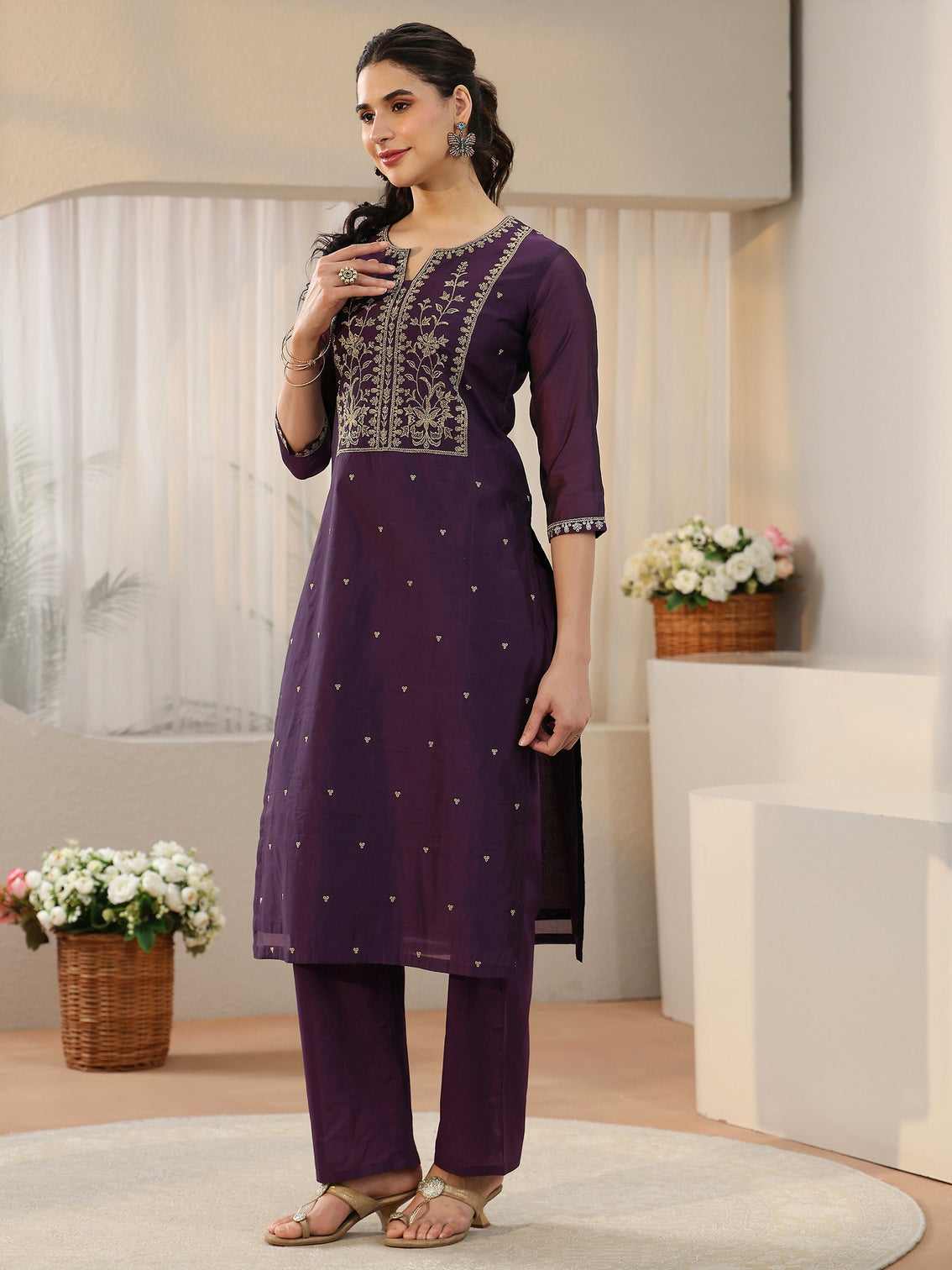 Mameraa Royal Purple Floral Embellished Chanderi Silk Straight Suit Set