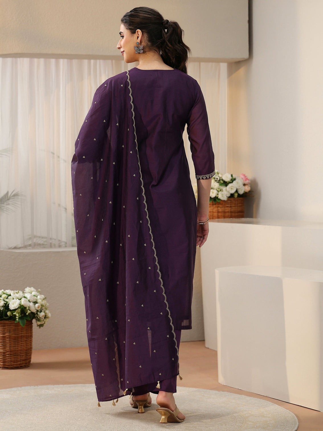 Mameraa Royal Purple Floral Embellished Chanderi Silk Straight Suit Set