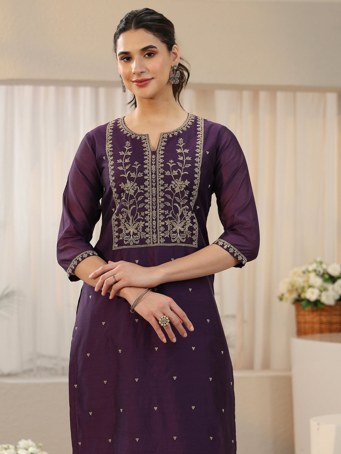 Mameraa Royal Purple Floral Embellished Chanderi Silk Straight Suit Set