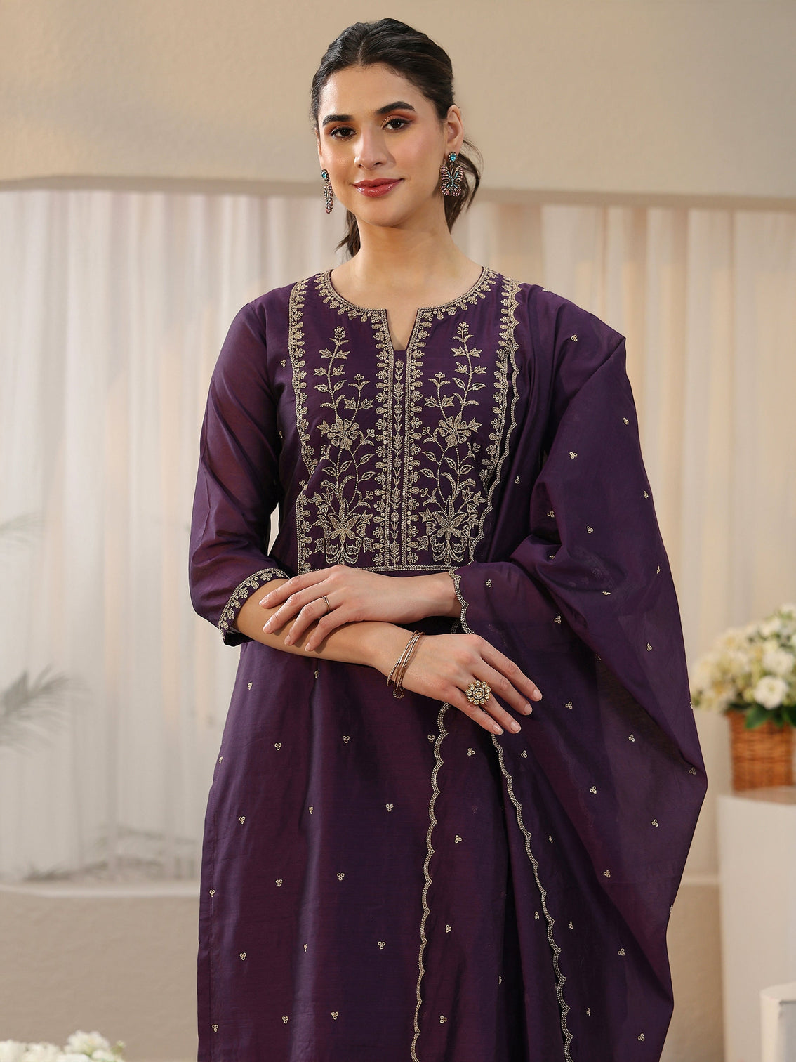 Mameraa Royal Purple Floral Embellished Chanderi Silk Straight Suit Set