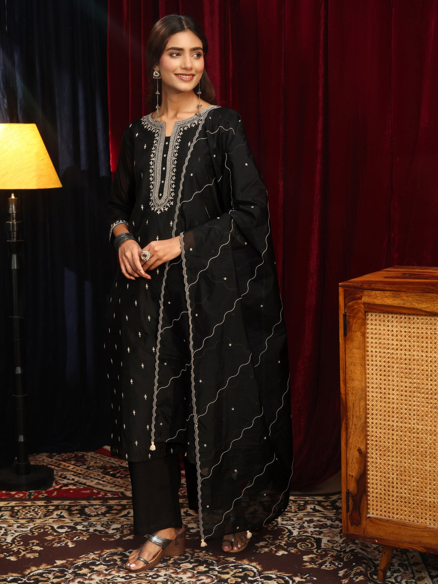 Libas Black Ethnic Embroidered Chanderi Silk Straight Suit Set