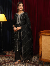 Libas Black Ethnic Embroidered Chanderi Silk Straight Suit Set