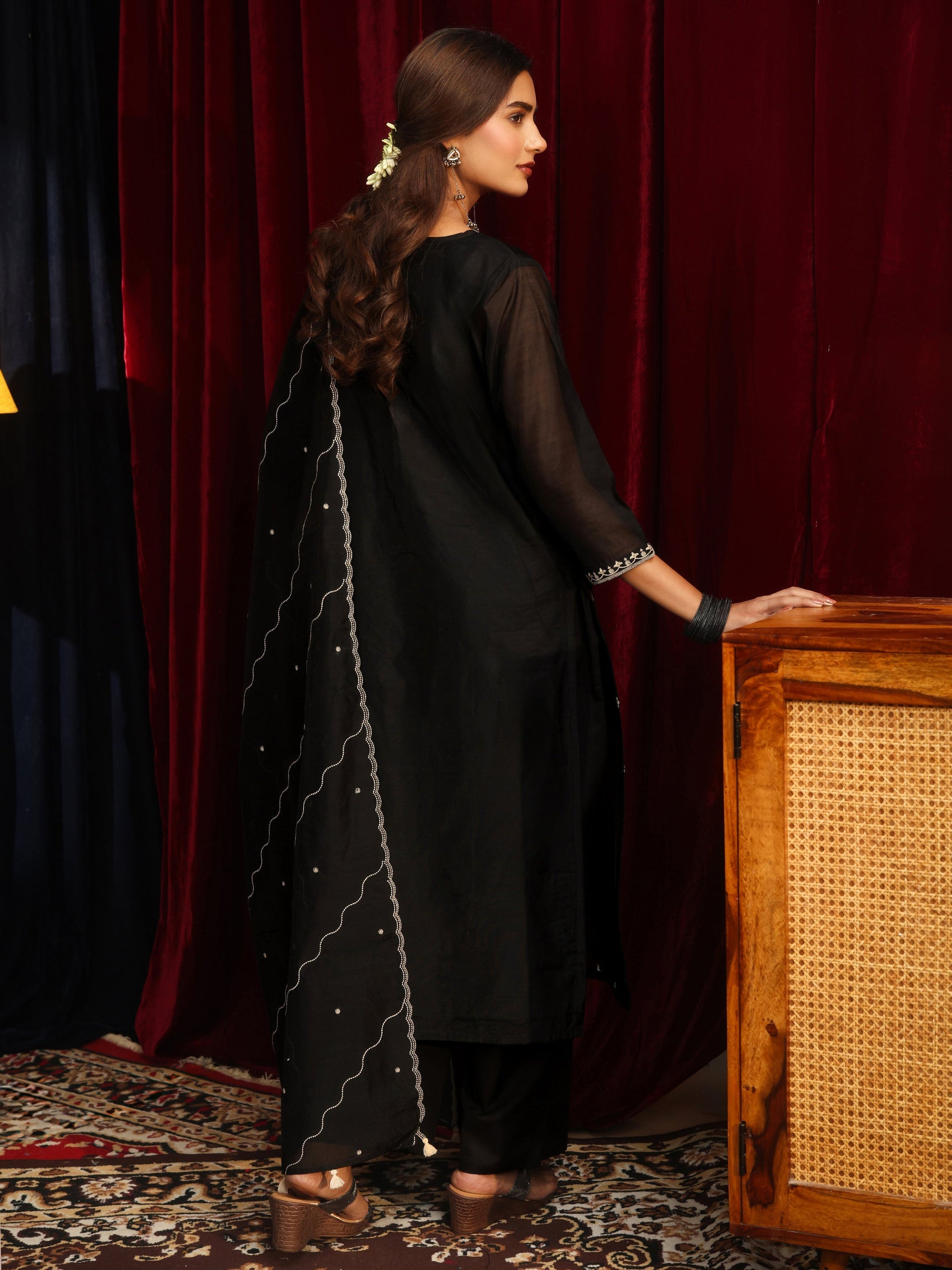 Libas Black Ethnic Embroidered Chanderi Silk Straight Suit Set