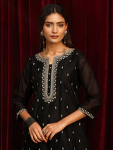 Libas Black Ethnic Embroidered Chanderi Silk Straight Suit Set
