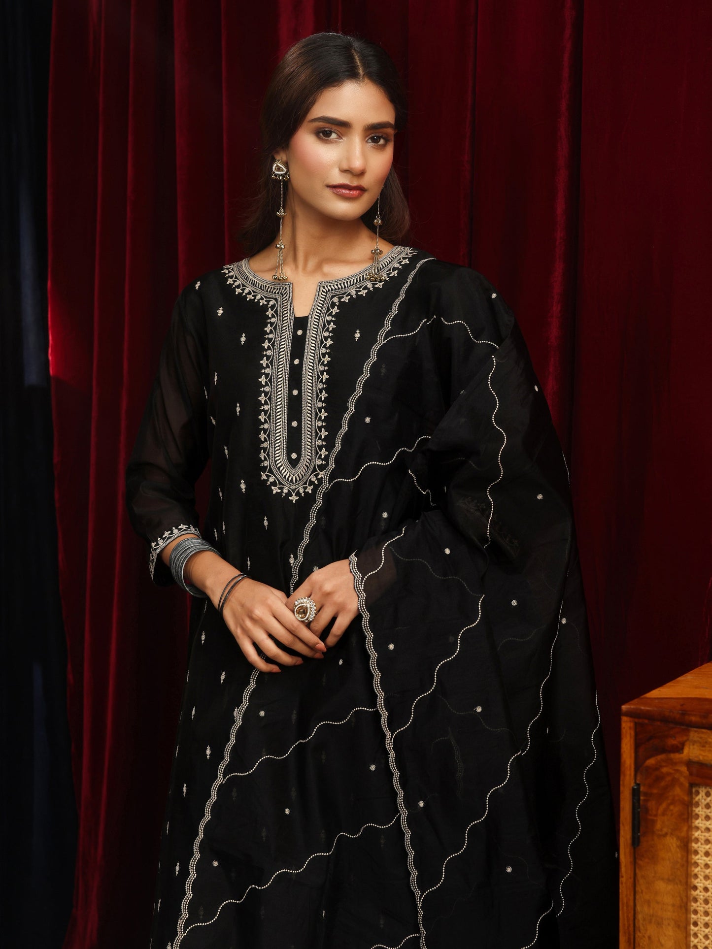 Libas Black Ethnic Embroidered Chanderi Silk Straight Suit Set