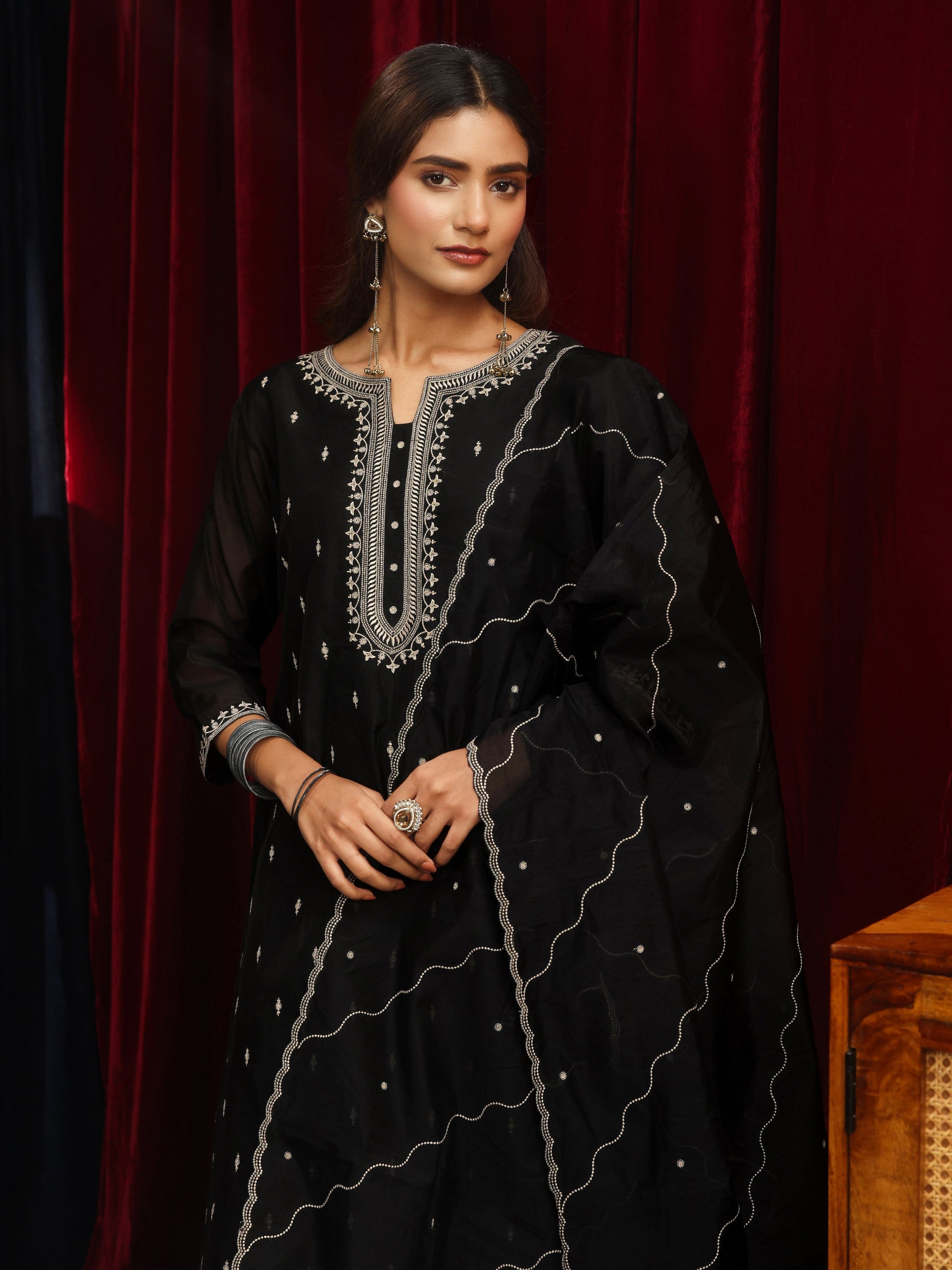 Libas Black Ethnic Embroidered Chanderi Silk Straight Suit Set