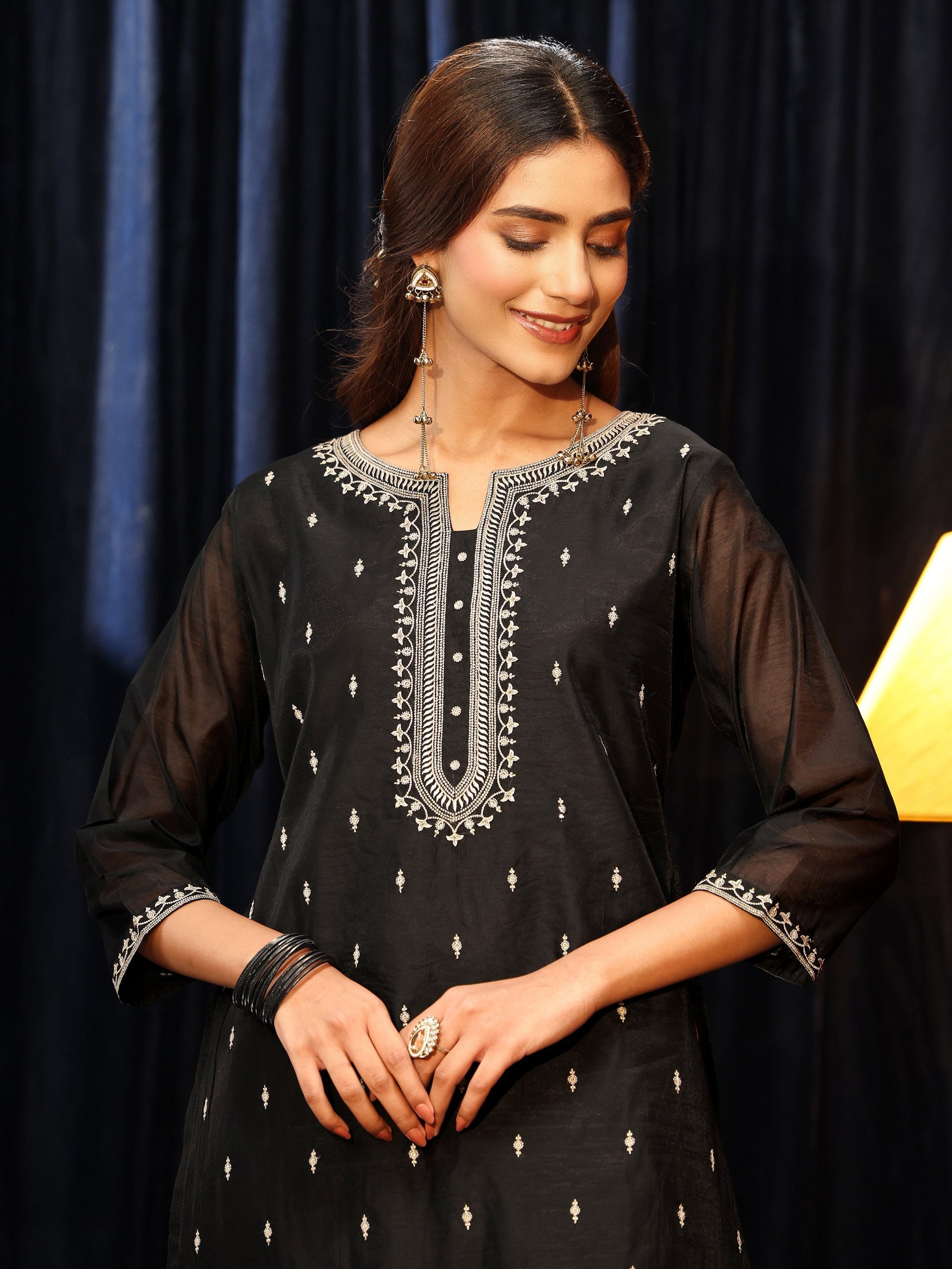 Libas Black Ethnic Embroidered Chanderi Silk Straight Suit Set