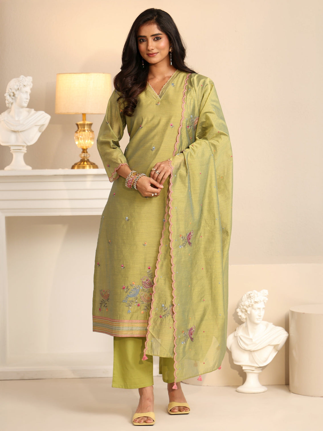 Mameraa Fern Green Bird Embroidered Chanderi Silk Straight Suit Set
