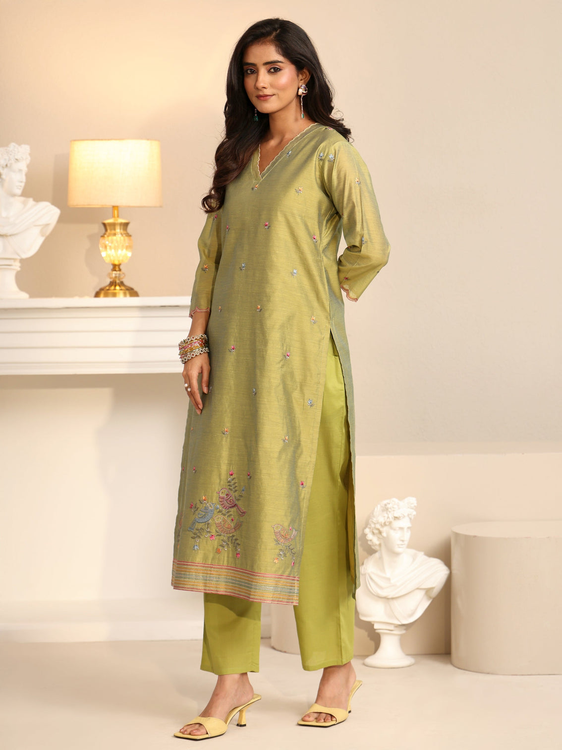 Mameraa Fern Green Bird Embroidered Chanderi Silk Straight Suit Set