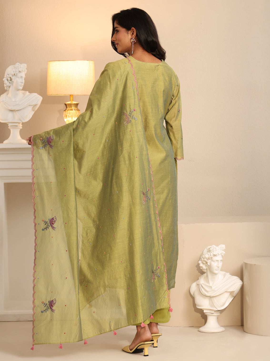 Mameraa Fern Green Bird Embroidered Chanderi Silk Straight Suit Set