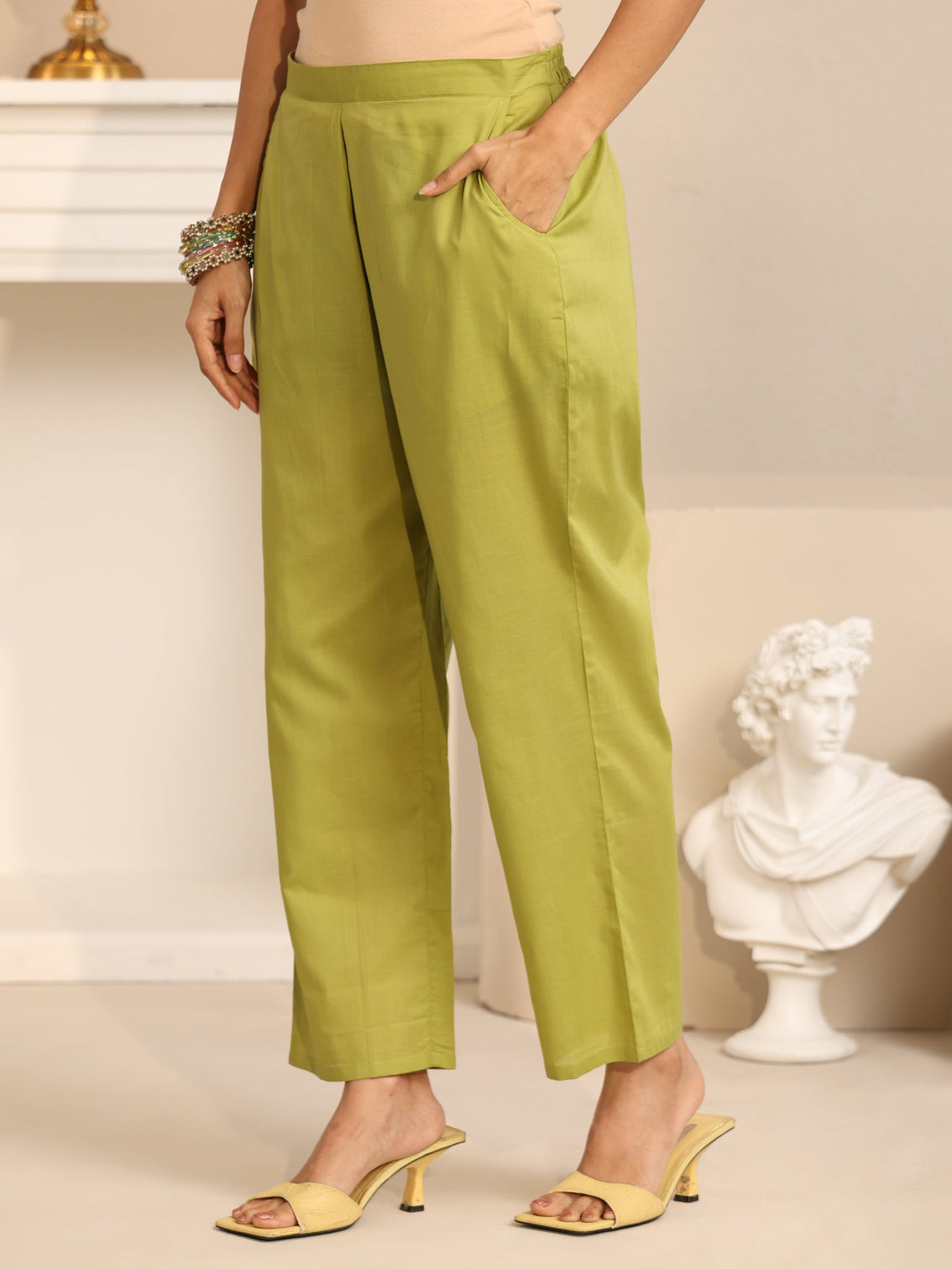 Mameraa Fern Green Bird Embroidered Chanderi Silk Straight Suit Set