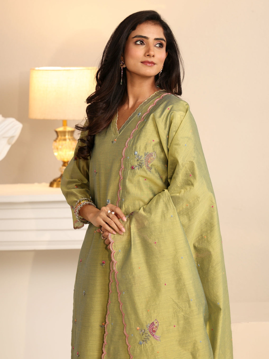 Mameraa Fern Green Bird Embroidered Chanderi Silk Straight Suit Set