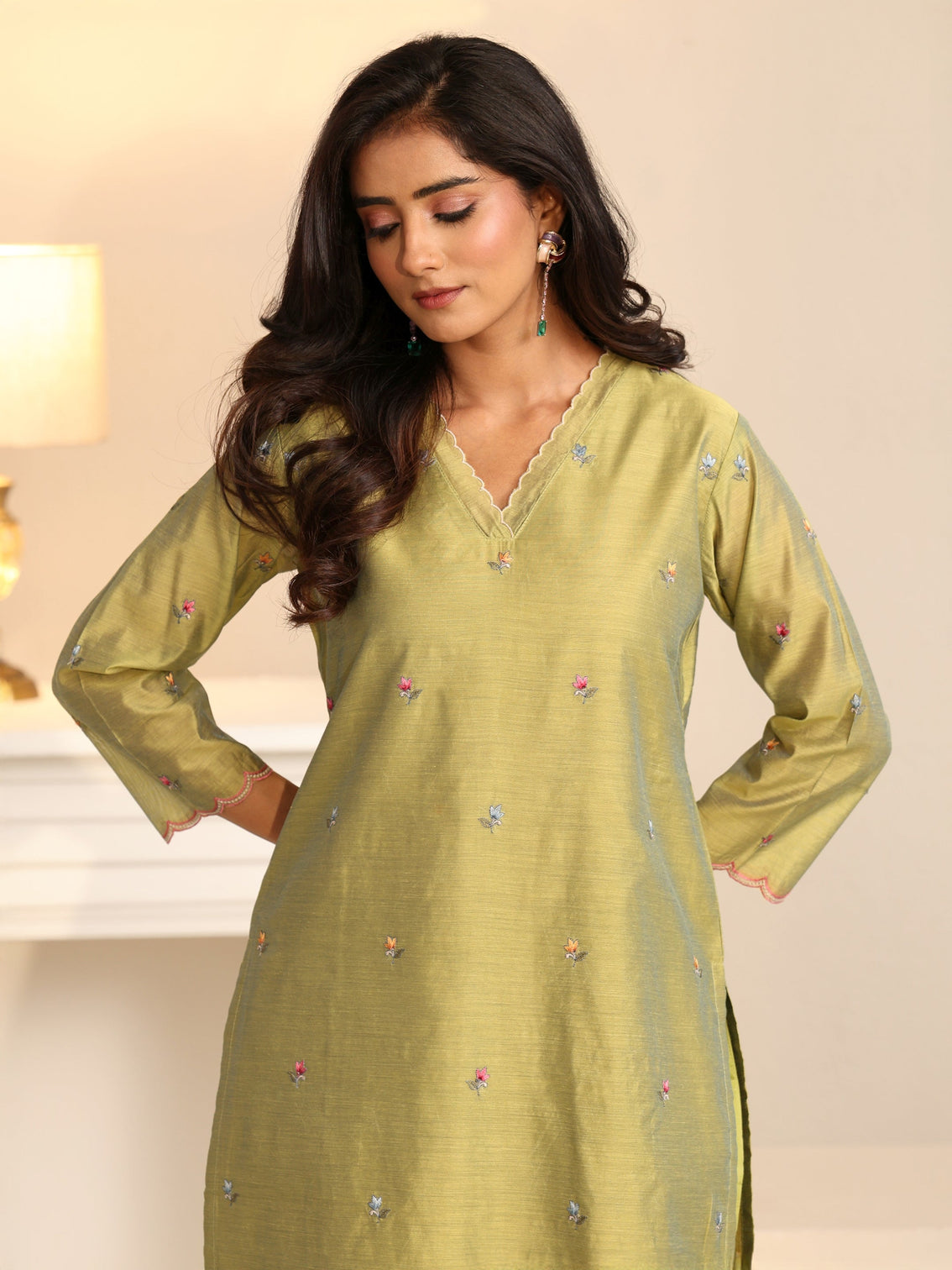 Mameraa Fern Green Bird Embroidered Chanderi Silk Straight Suit Set