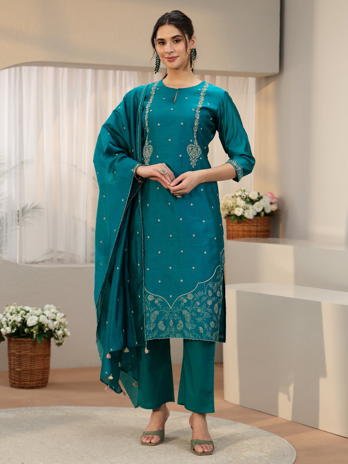 Mameraa Teal Green Embroidered Chanderi Silk Straight Suit Set
