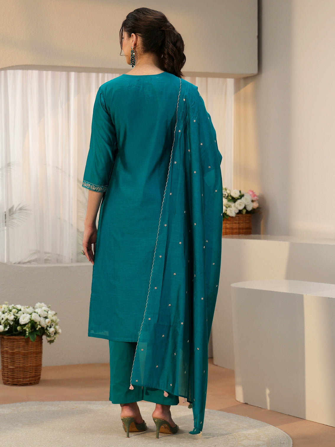 Mameraa Teal Green Embroidered Chanderi Silk Straight Suit Set