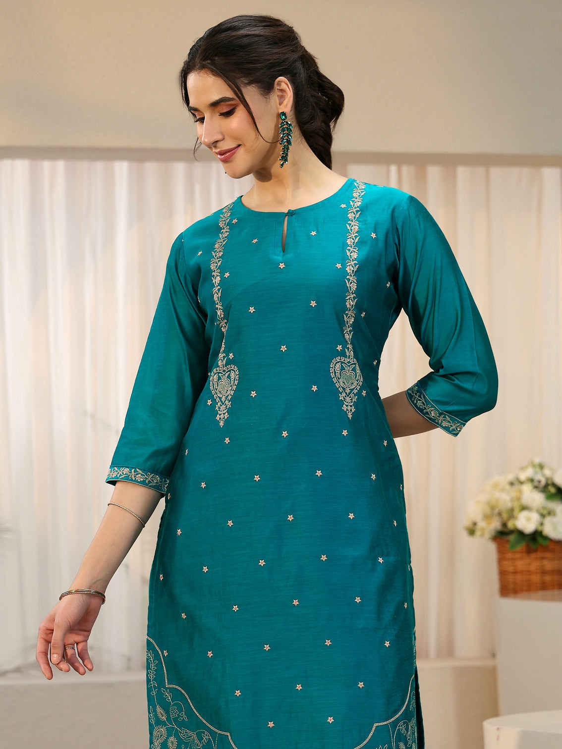 Mameraa Teal Green Embroidered Chanderi Silk Straight Suit Set