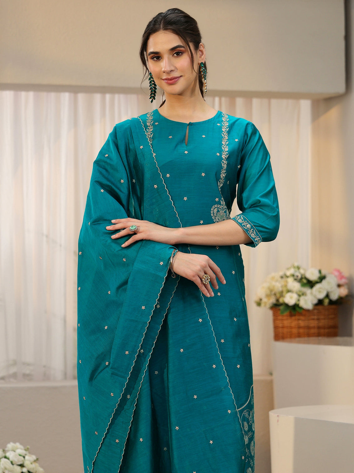 Mameraa Teal Green Embroidered Chanderi Silk Straight Suit Set
