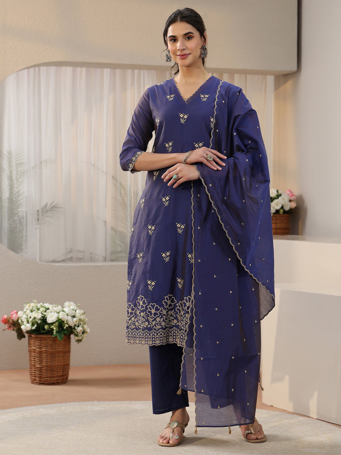 Mameraa Navy Blue Floral Embroidered Chanderi Silk Straight Suit Set