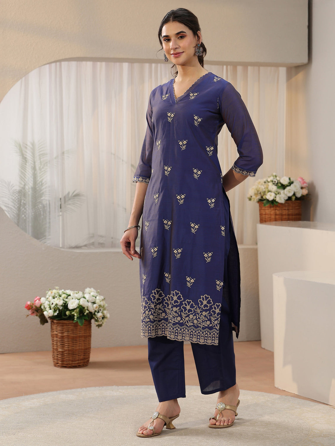 Mameraa Navy Blue Floral Embroidered Chanderi Silk Straight Suit Set