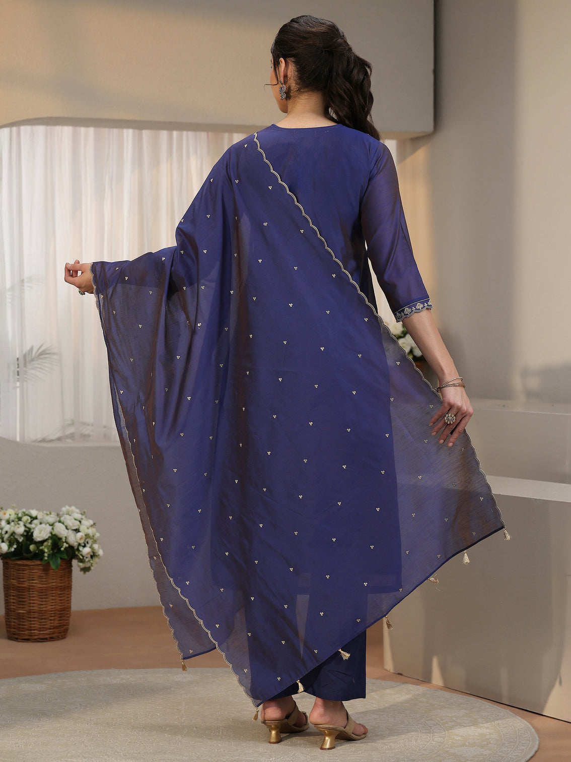 Mameraa Navy Blue Floral Embroidered Chanderi Silk Straight Suit Set