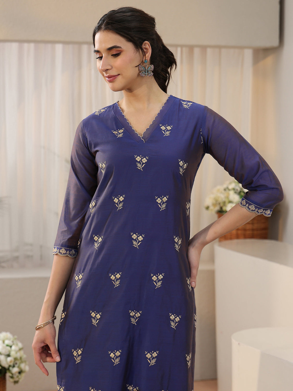 Mameraa Navy Blue Floral Embroidered Chanderi Silk Straight Suit Set