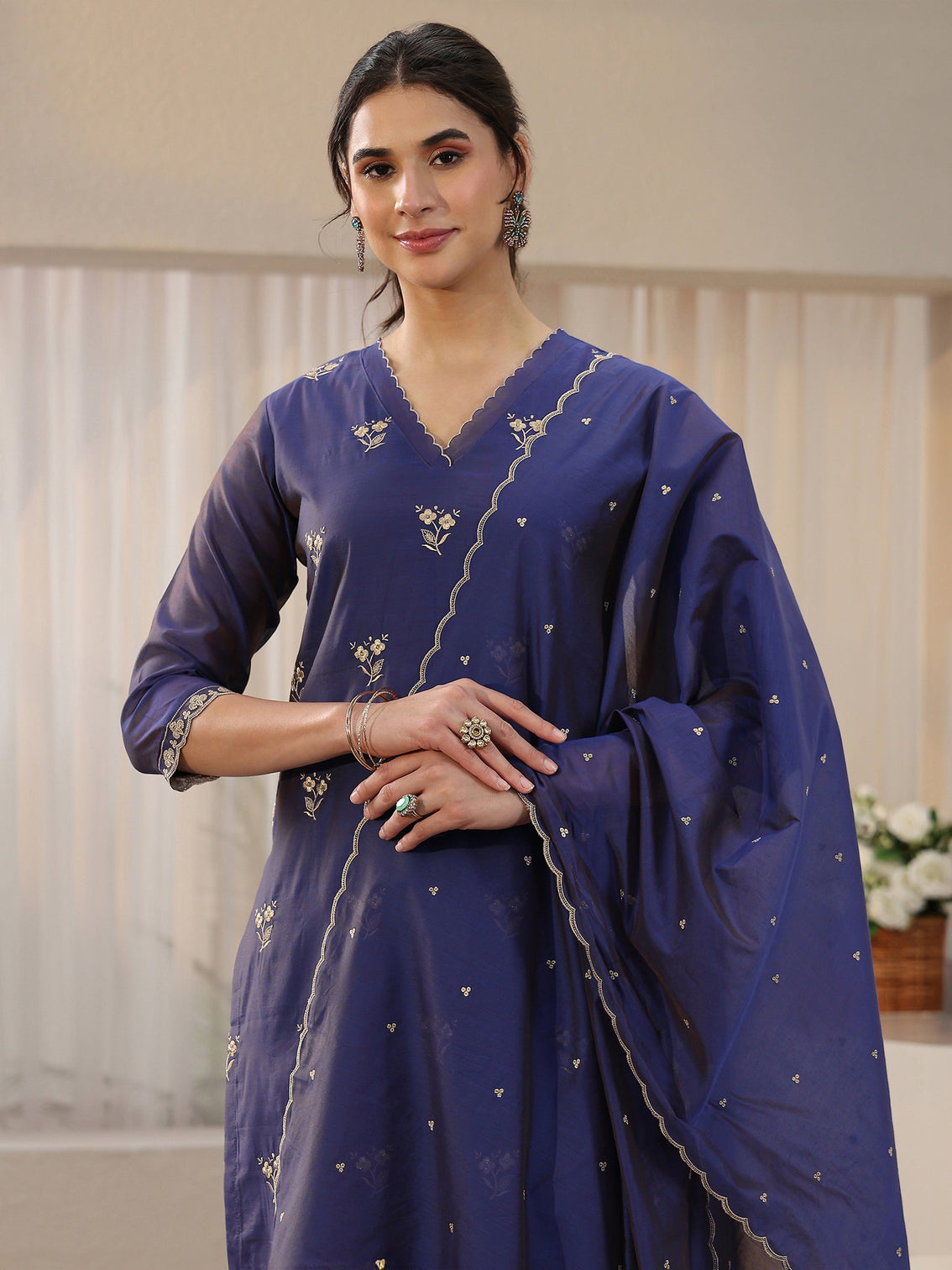 Mameraa Navy Blue Floral Embroidered Chanderi Silk Straight Suit Set