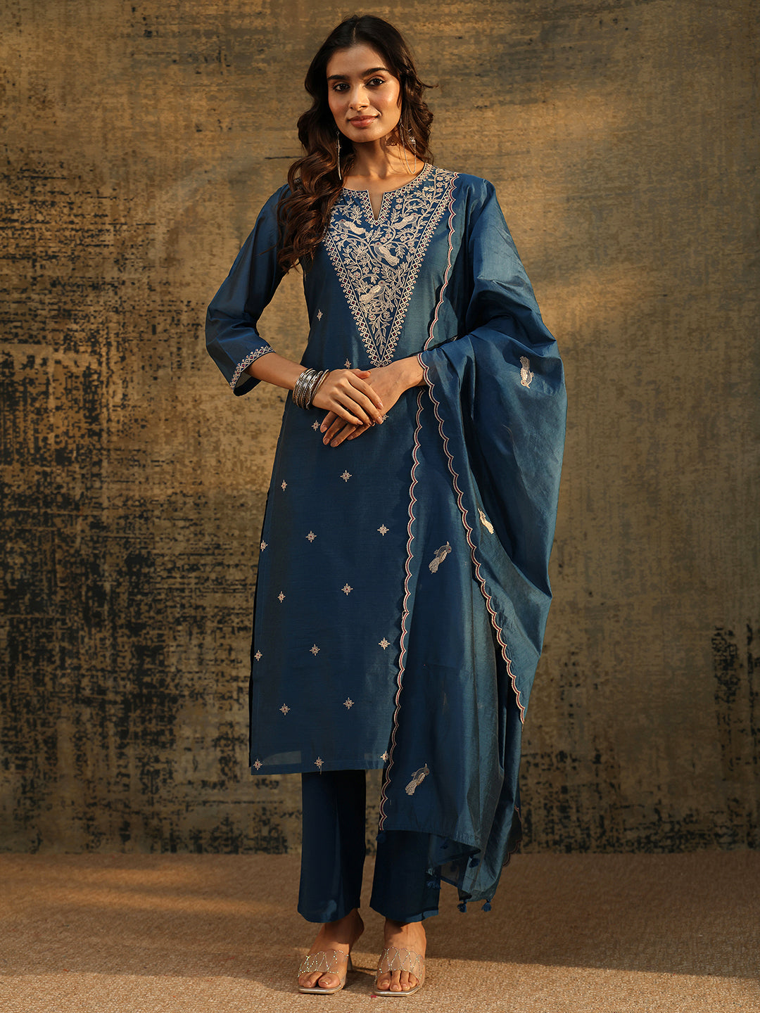 Mameraa Prussian Blue Embroidered Chanderi Silk Straight Suit Set
