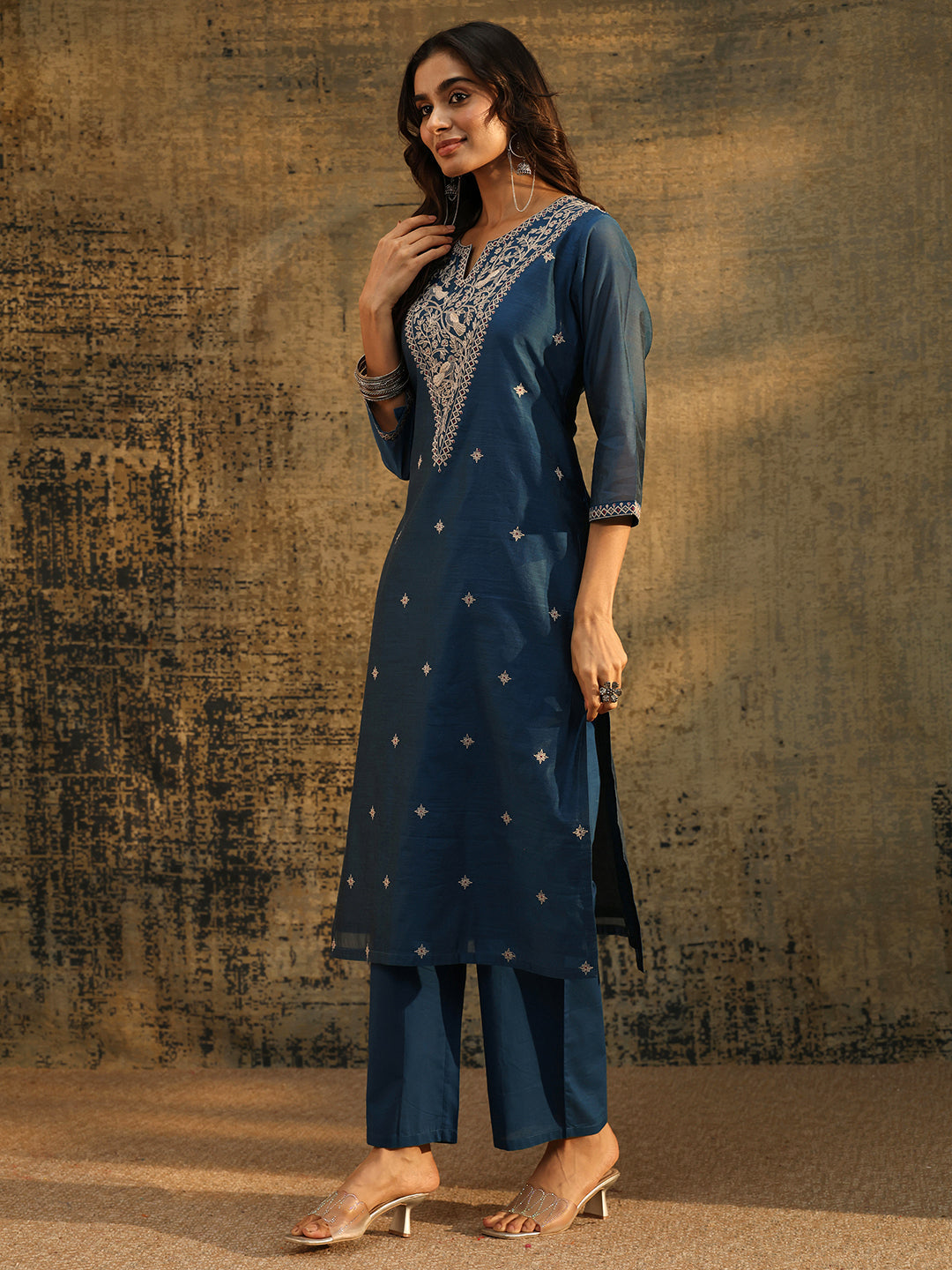 Mameraa Prussian Blue Embroidered Chanderi Silk Straight Suit Set