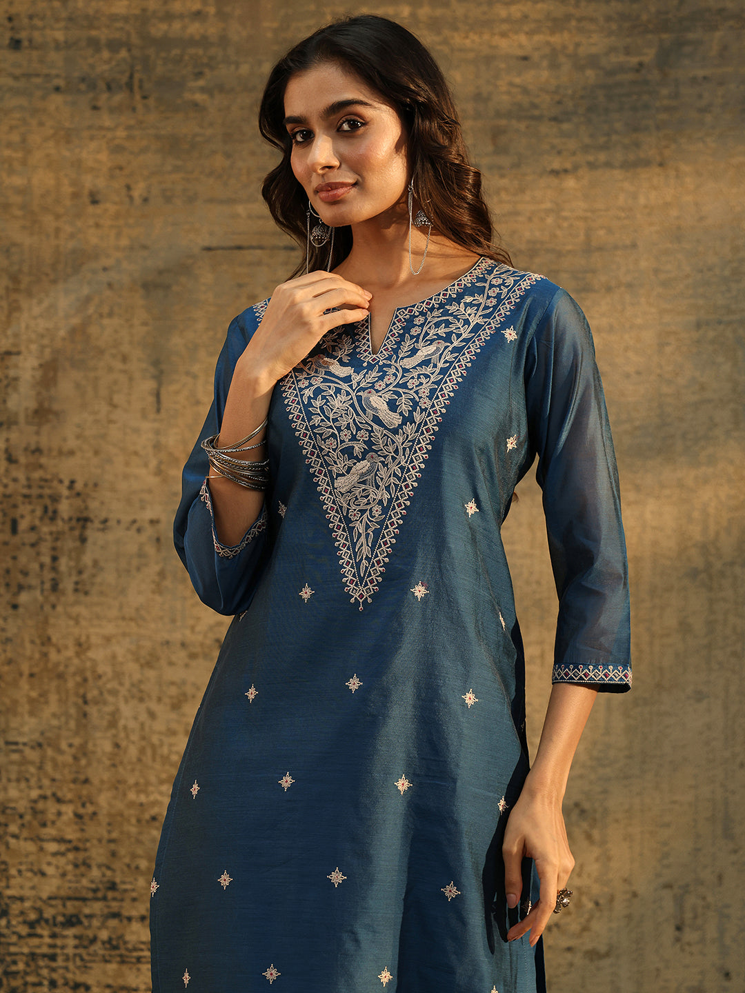 Mameraa Prussian Blue Embroidered Chanderi Silk Straight Suit Set