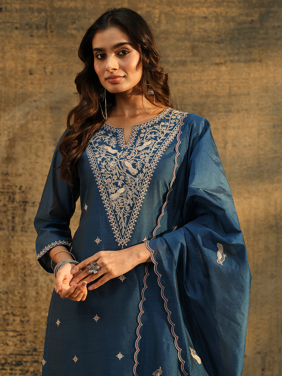 Mameraa Prussian Blue Embroidered Chanderi Silk Straight Suit Set