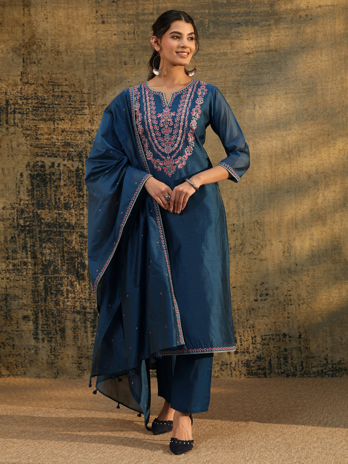 Mameraa Blue Floral Embroidered Yoke Design Chanderi Silk Straight Suit Set