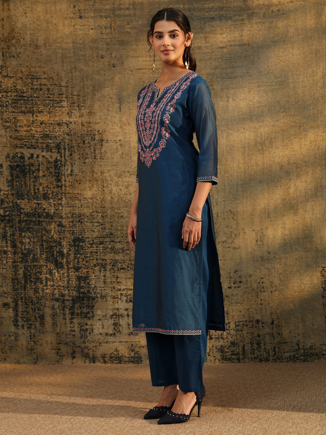 Mameraa Blue Floral Embroidered Yoke Design Chanderi Silk Straight Suit Set