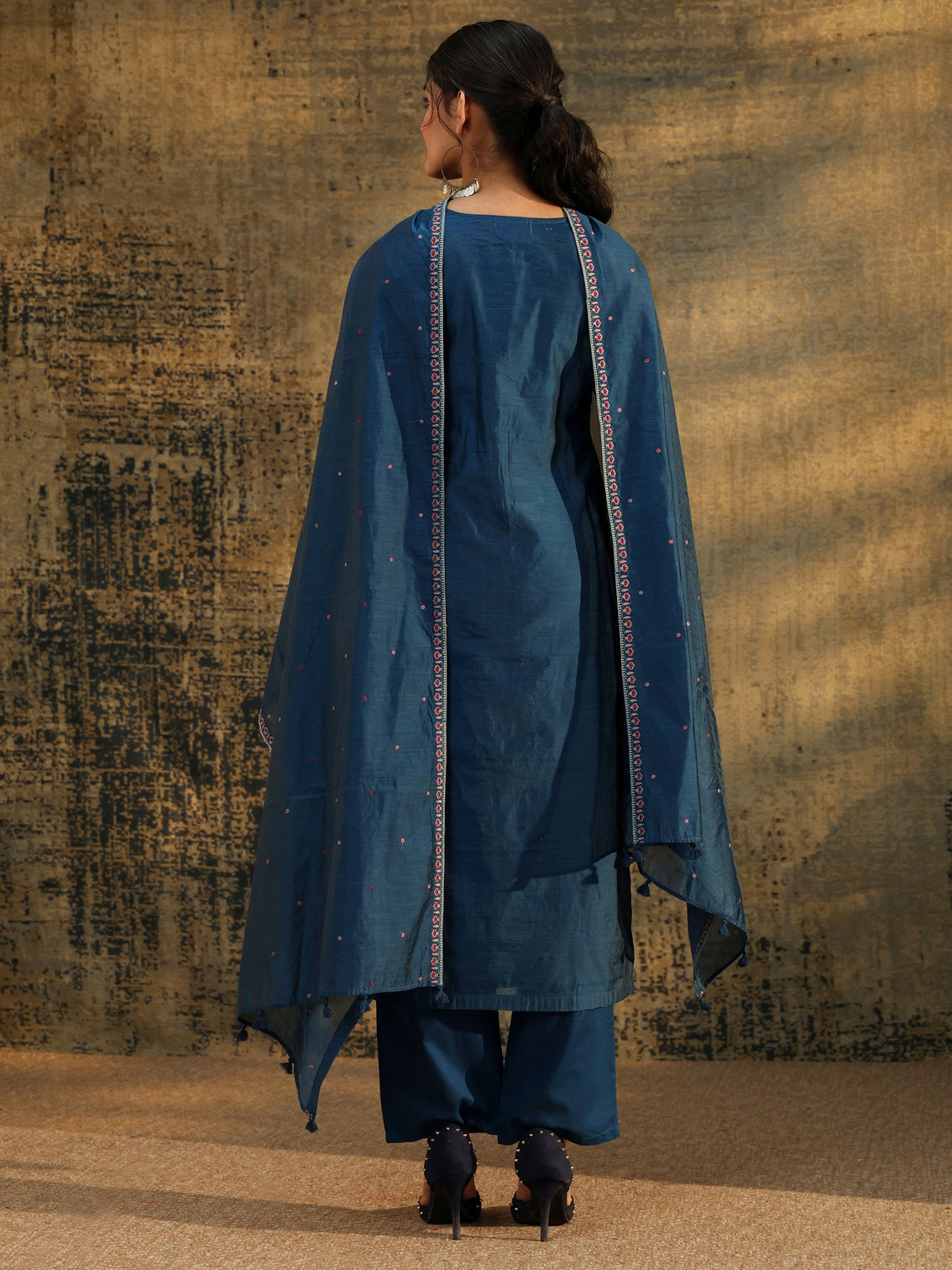 Mameraa Blue Floral Embroidered Yoke Design Chanderi Silk Straight Suit Set