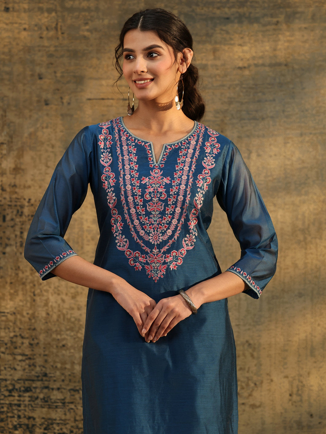 Mameraa Blue Floral Embroidered Yoke Design Chanderi Silk Straight Suit Set