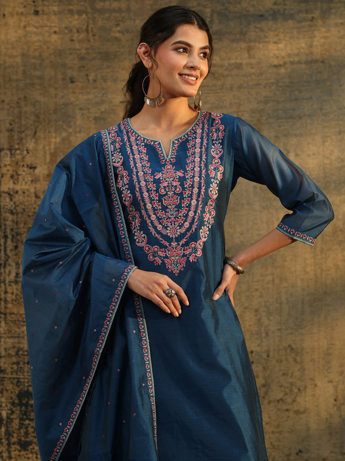 Mameraa Blue Floral Embroidered Yoke Design Chanderi Silk Straight Suit Set