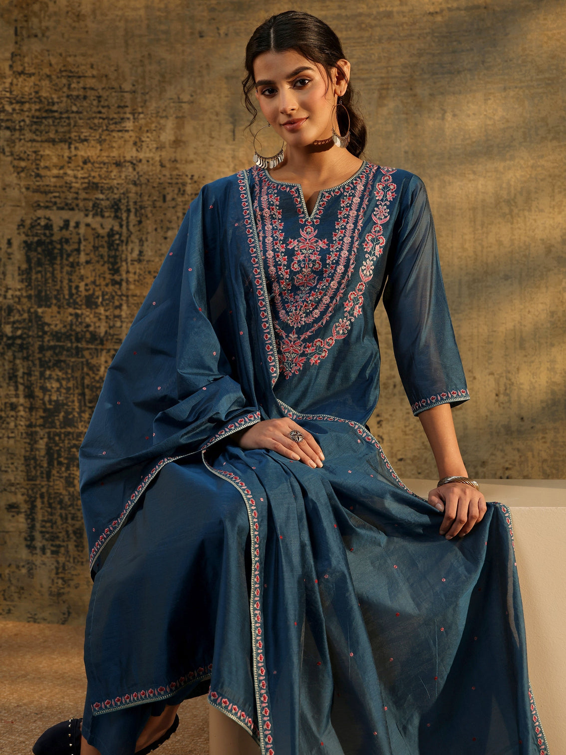Mameraa Blue Floral Embroidered Yoke Design Chanderi Silk Straight Suit Set