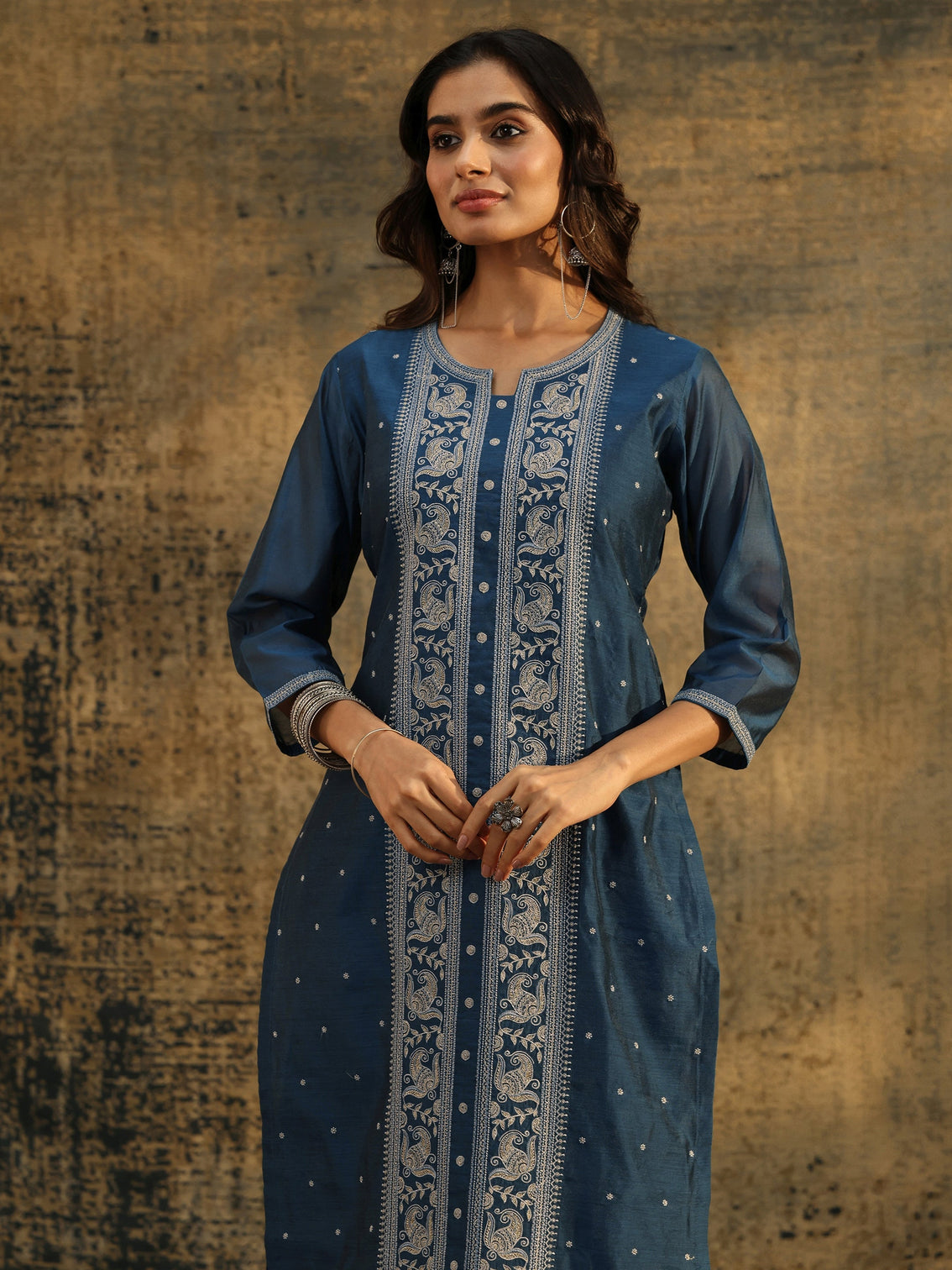 Mameraa Teal Blue Paisley Embroidered Chanderi Silk Straight Suit Set