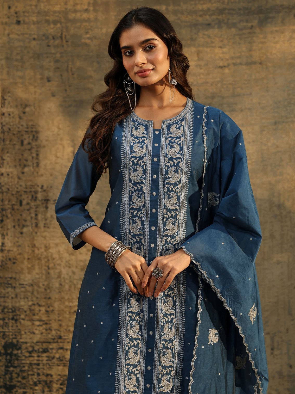 Mameraa Teal Blue Paisley Embroidered Chanderi Silk Straight Suit Set