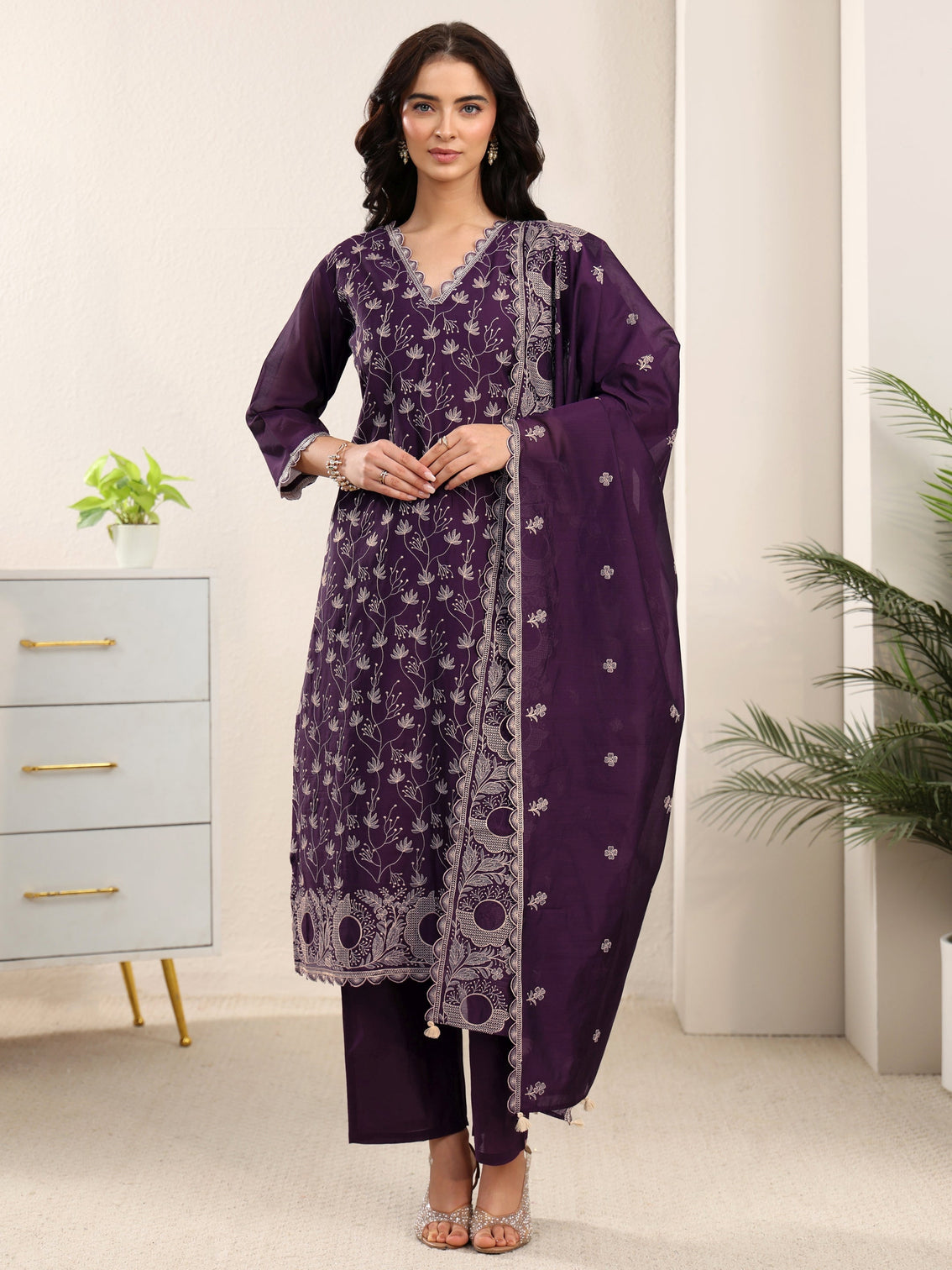 Mameraa Aubergine Purple Embroidered Chanderi Silk Straight Suit Set