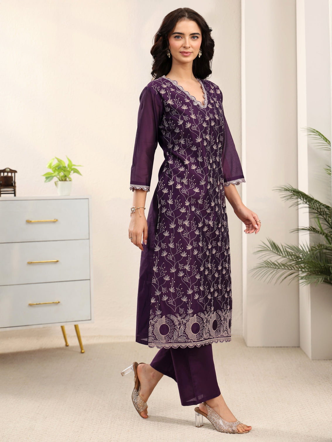 Mameraa Aubergine Purple Embroidered Chanderi Silk Straight Suit Set