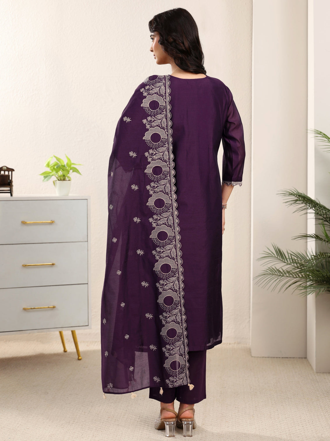 Mameraa Aubergine Purple Embroidered Chanderi Silk Straight Suit Set